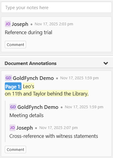 GoldFynch document annotations and collaborative review